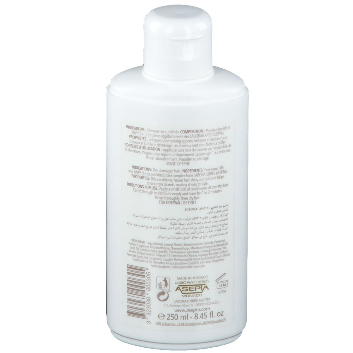 Flacon blanc, vue latérale. Étiquette bleue avec texte ECRINAL. Bouchon blanc. Étiquettes avec texte.