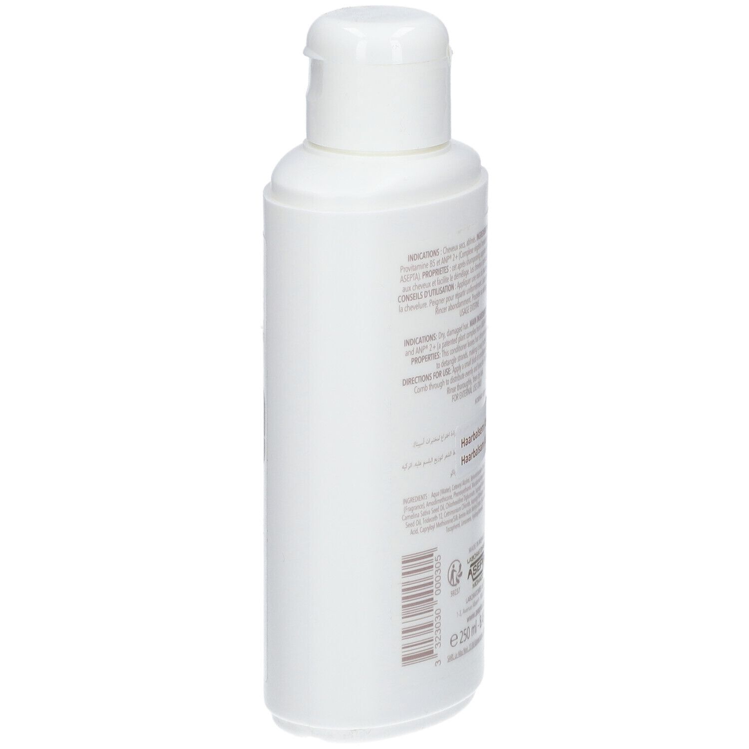 Flacon blanc avec étiquette bleue et dorée. Texte : ECRINAL, Baume Après-Shampooing, Nourrit & Démêle, ANP 2+.