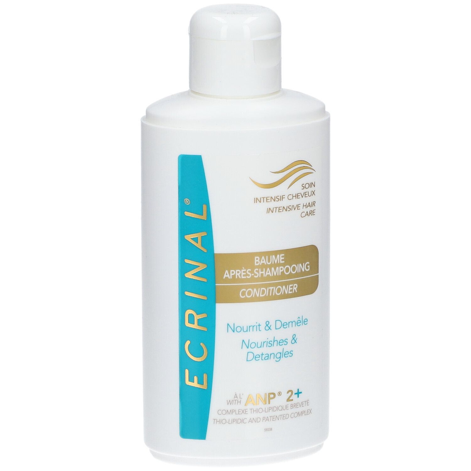 Flacon blanc avec étiquette bleue et dorée. Texte : ECRINAL, Baume Après-Shampooing, Nourrit & Démêle, ANP 2+.