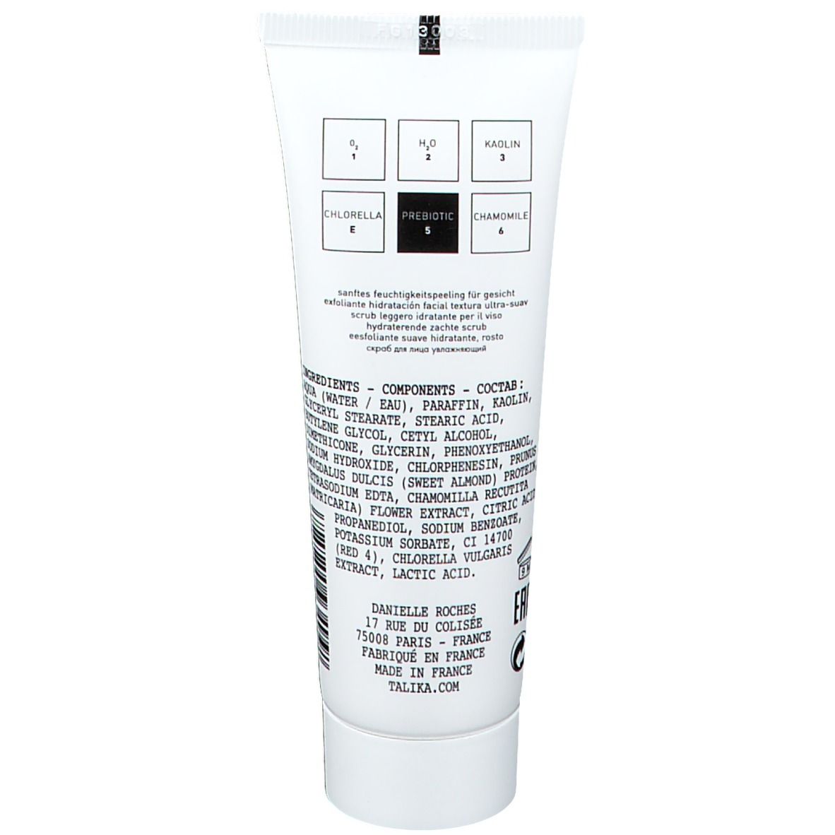 Dos du tube blanc. Texte: Ingrédients, Prébiotique, Chlorella, Camomille. Adresse du fabricant: Danielle Roches, Paris. Fabriqué en France.