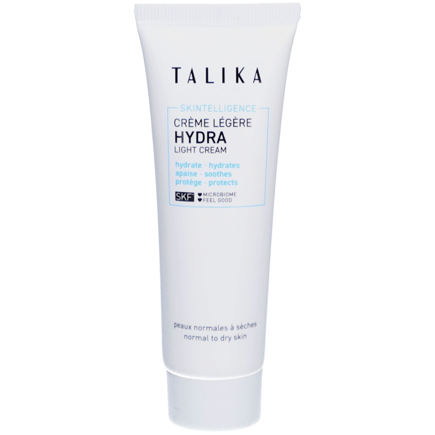 Tube blanc avec informations produit. Texte: "TALIKA", "SKINTELLIGENCE HYDRA", crème.