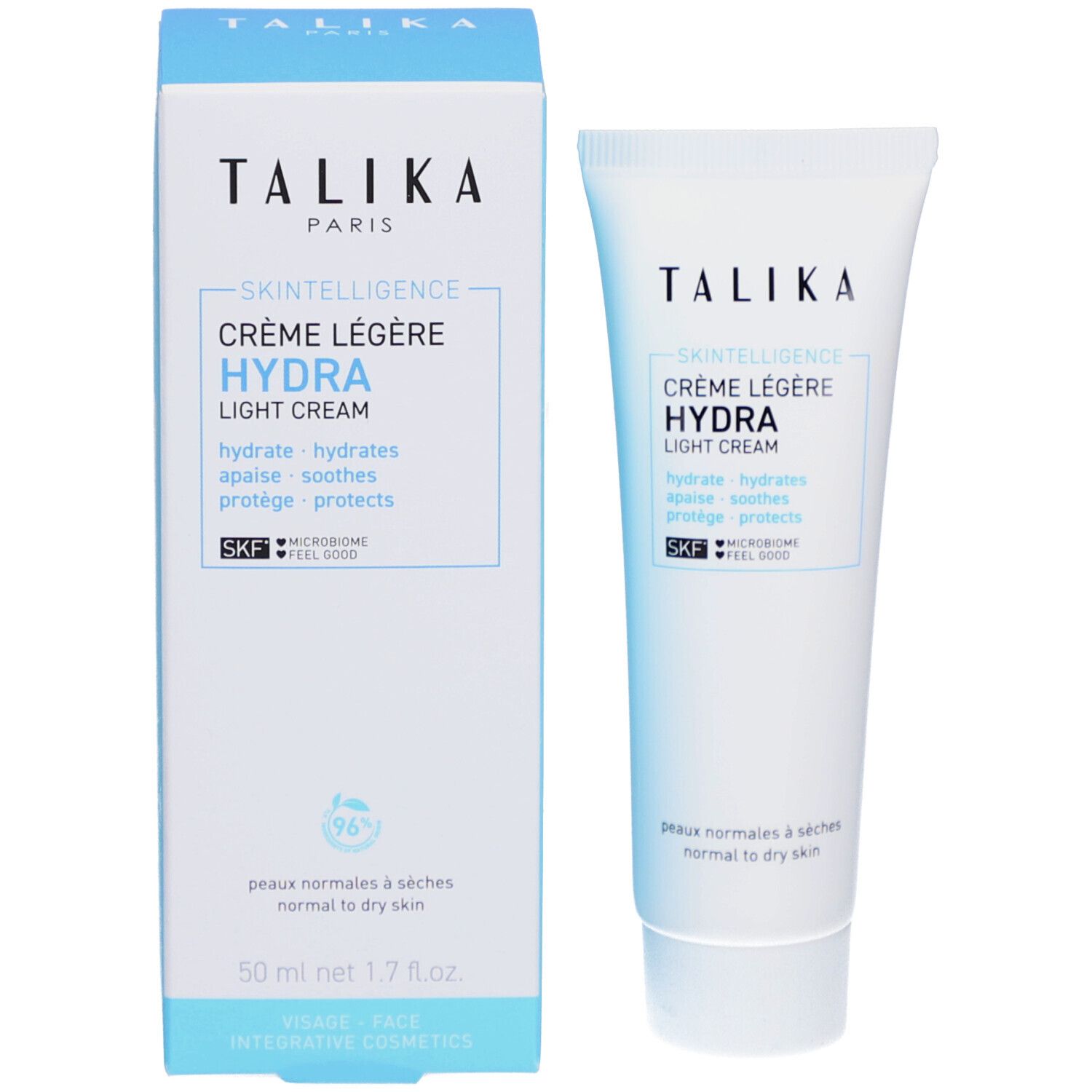 Emballage blanc avec tube. Texte: "TALIKA", "SKINTELLIGENCE HYDRA", crème. 50 ml.