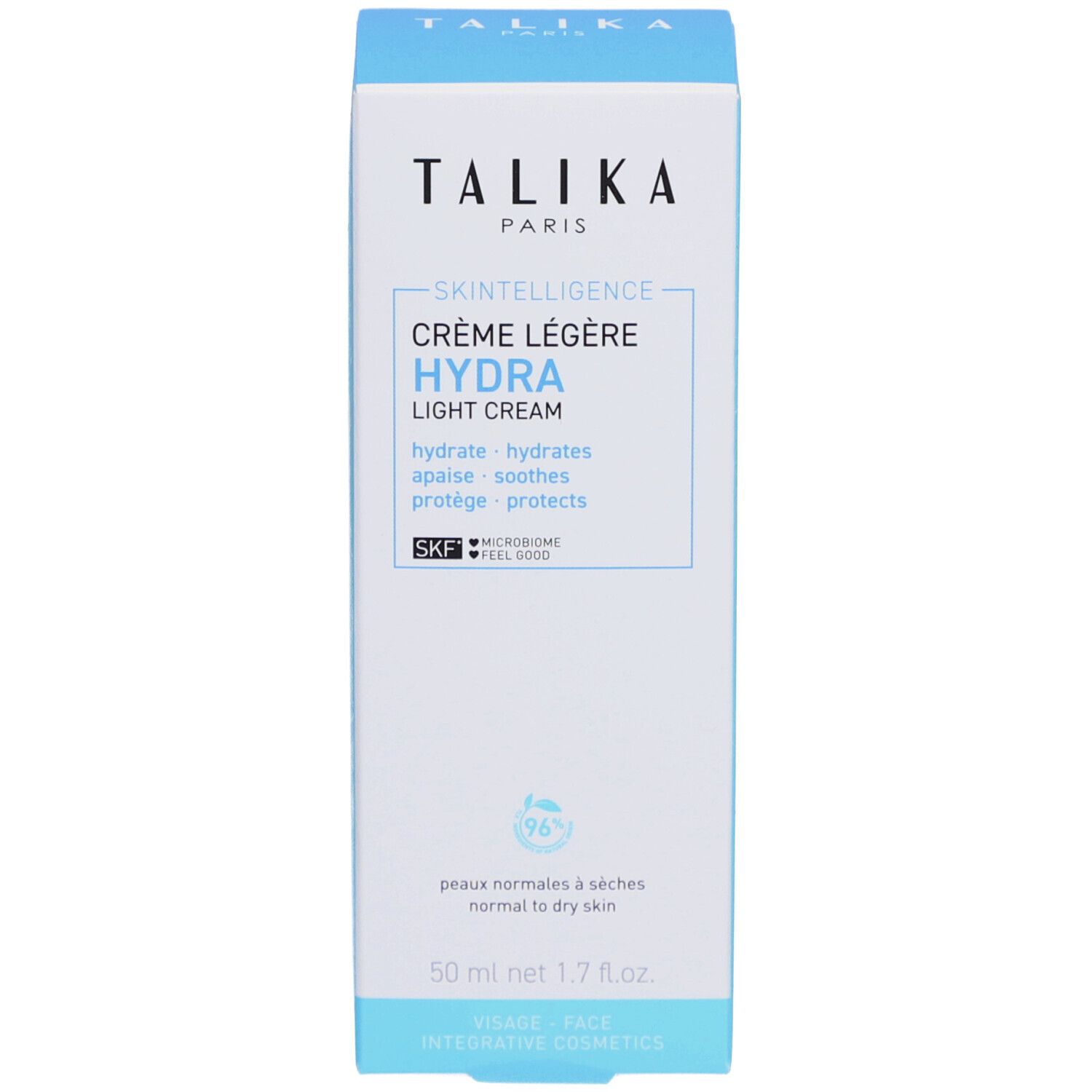 Emballage blanc avec informations produit. Texte: "TALIKA", "SKINTELLIGENCE HYDRA", crème. 50 ml.
