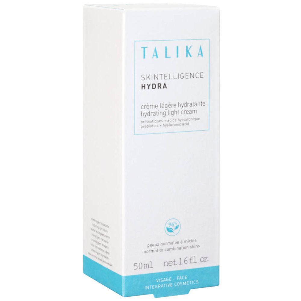 Emballage blanc avec informations produit. Texte: "TALIKA", "SKINTELLIGENCE HYDRA", crème.