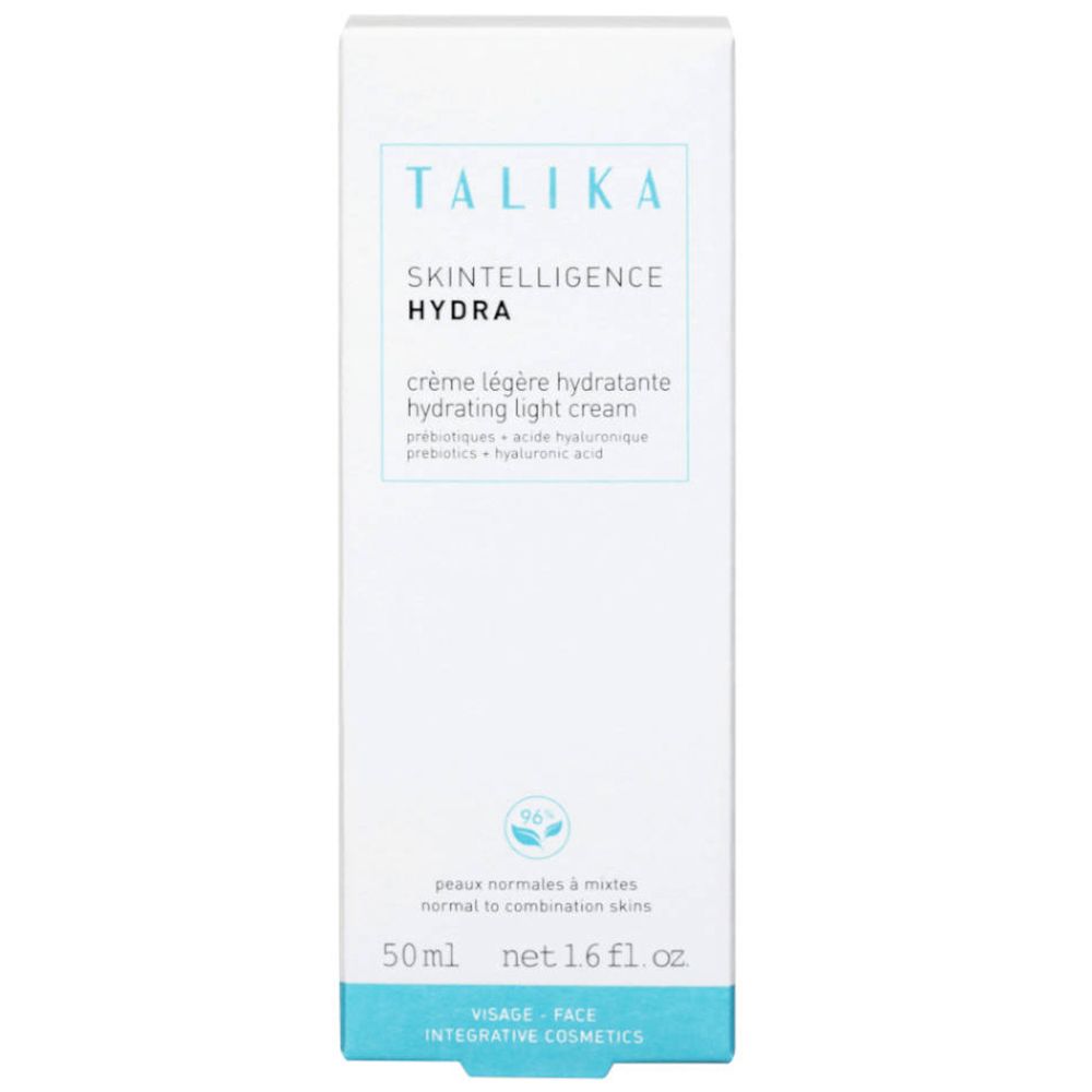 Emballage blanc avec informations produit. Texte: "TALIKA", "SKINTELLIGENCE HYDRA", crème.