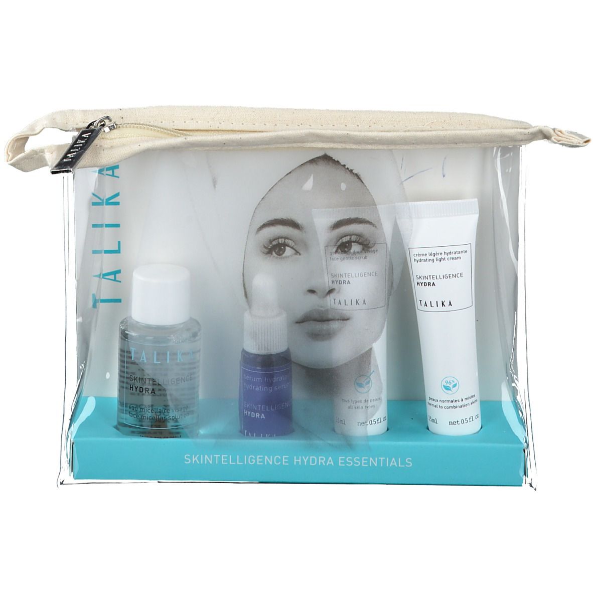 Trousse transparente contenant des flacons et tubes. Inscriptions du nom du produit et logo. Inscription : Skintelligence Hydra Essentials.