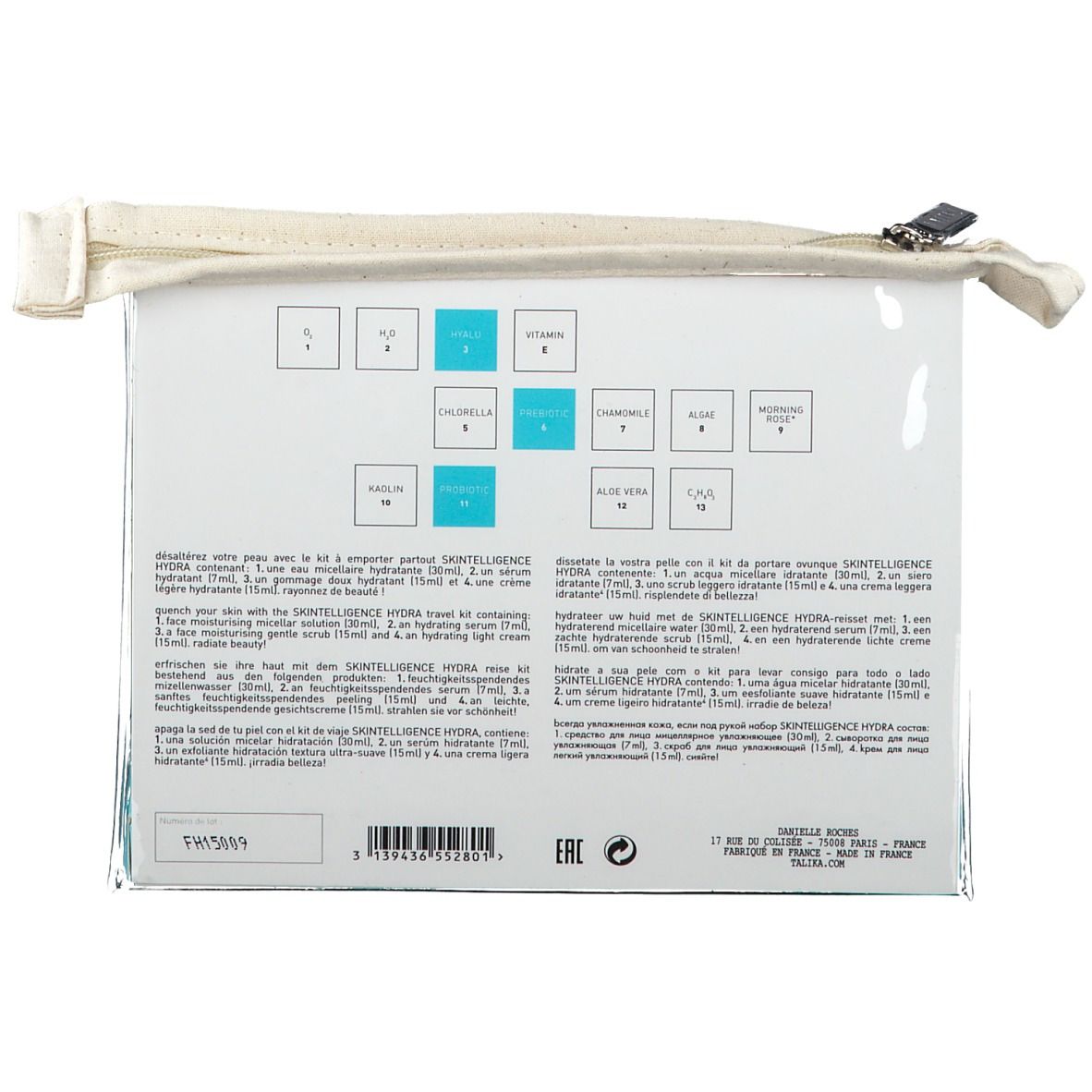 Dos de l'emballage avec informations sur le produit et ingrédients. Texte multilingue. Logo et code EAN.