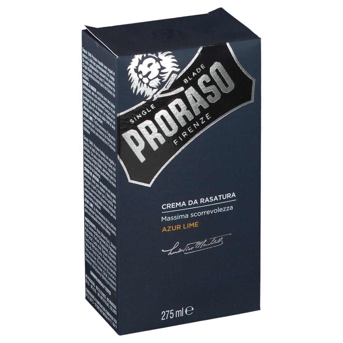 Boîte bleu foncé. Logo PRORASO, dessous « Crema da Rasatura Azur Lime ». En bas : 275 ml.