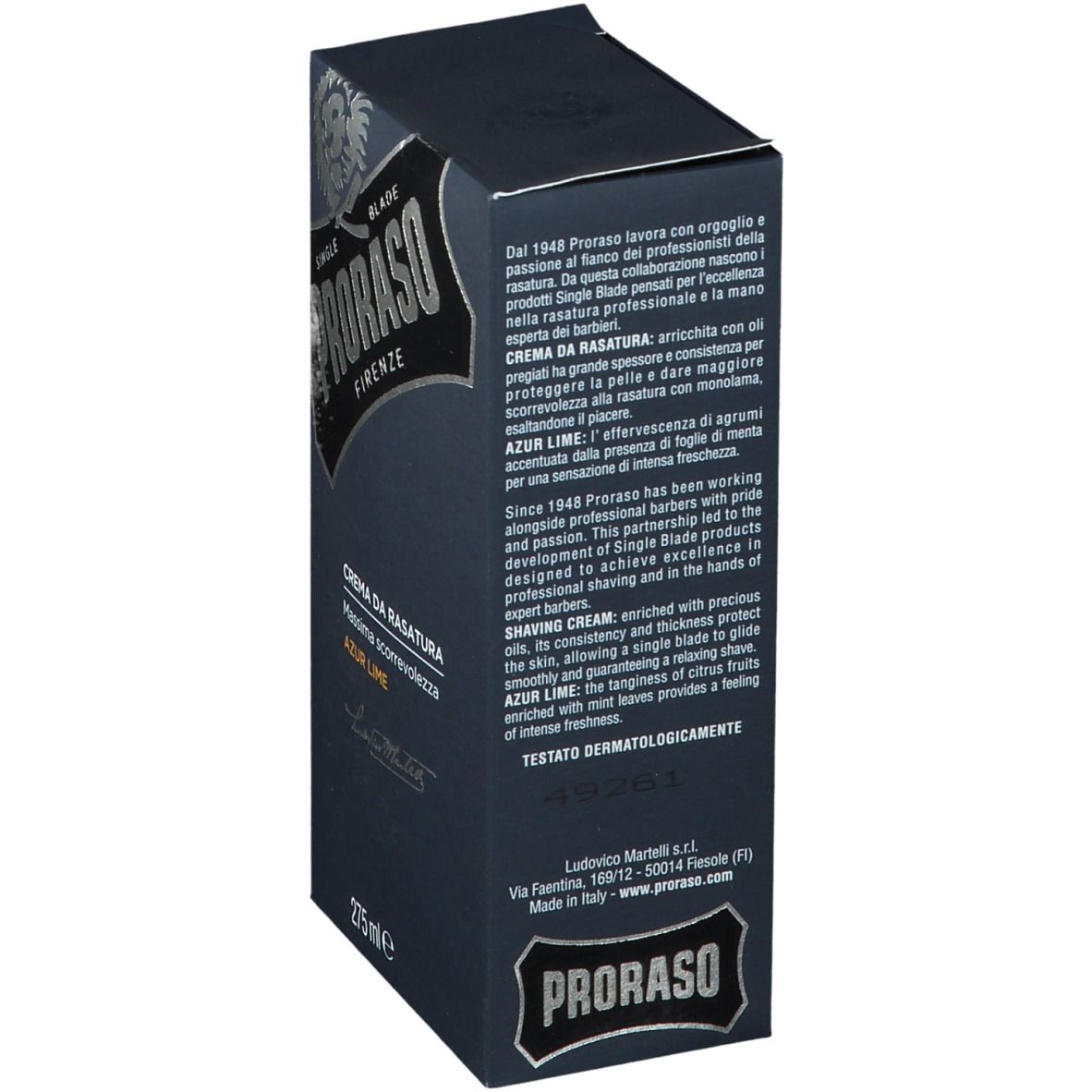Boîte bleu foncé, vue latérale. Texte : PRORASO, « Crema da Rasatura Azur Lime ». Texte en plusieurs langues.
