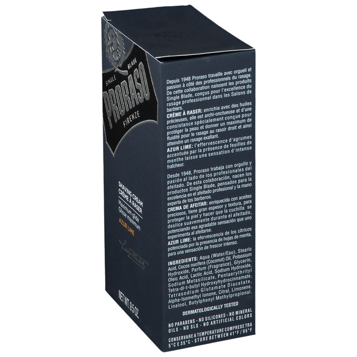 Boîte bleu foncé, vue latérale. Texte : PRORASO, « Crema da Rasatura Azur Lime ». Ingrédients et texte multilingue.