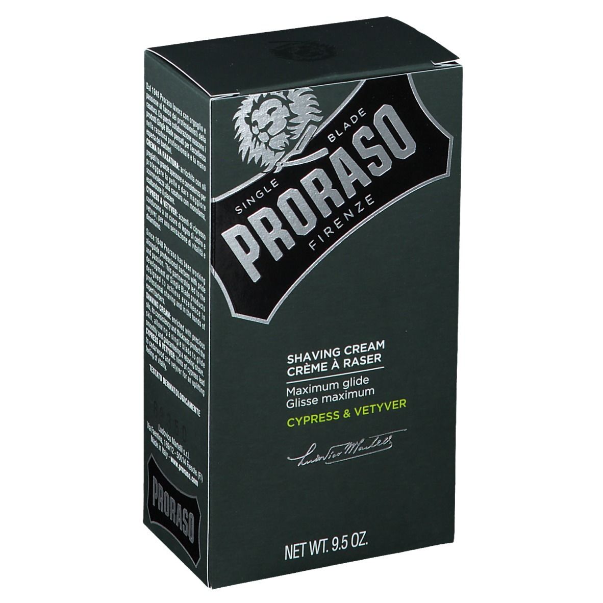 Boîte vert foncé. Inscription PRORASO, crème à raser, Cyprès & Vetyver. Logo argenté avec tête de lion. Poids net 9,5 oz.