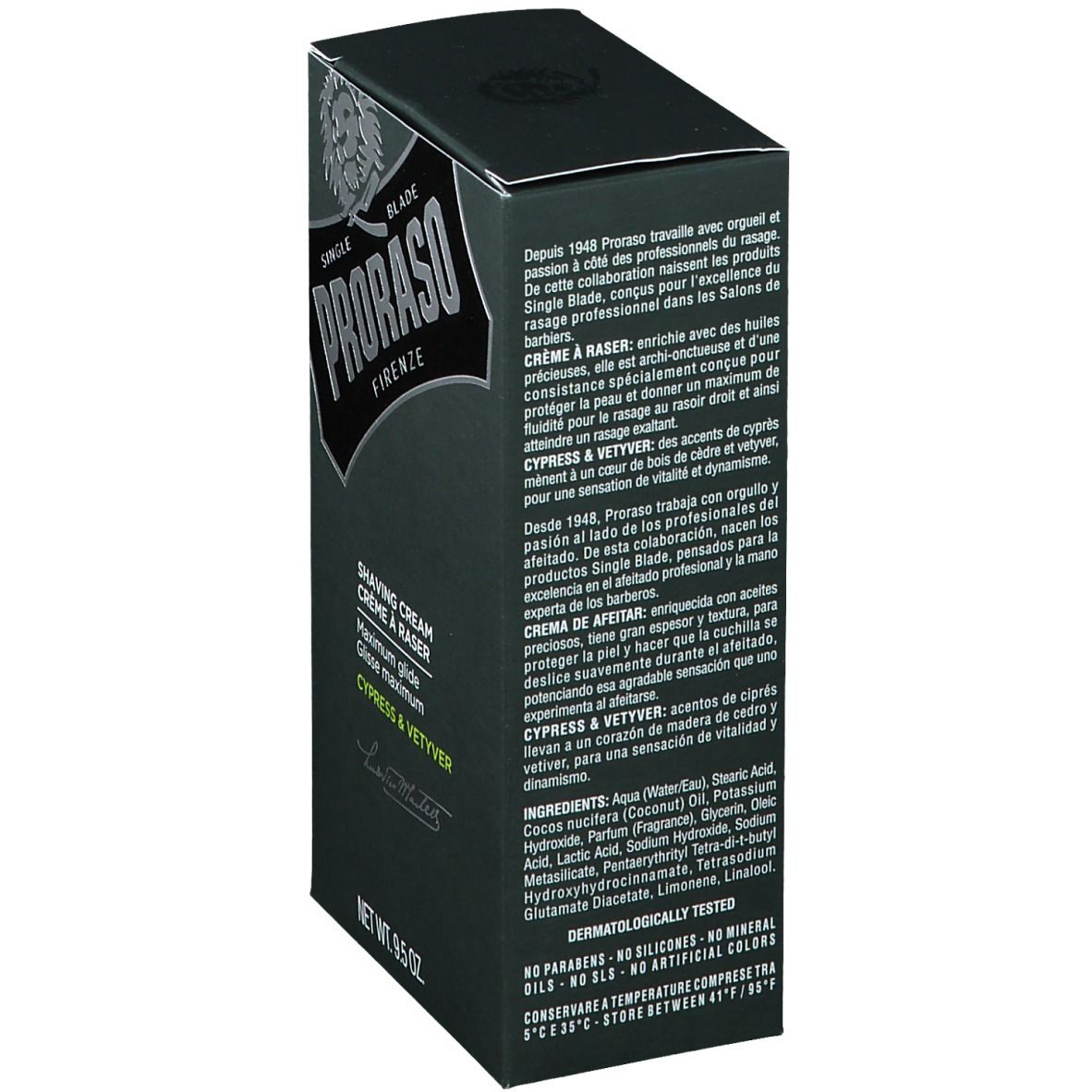 Boîte vert foncé. Texte multilingue. Inscription PRORASO, crème à raser, Cyprès & Vetyver. Ingrédients. Testé dermatologiquement.