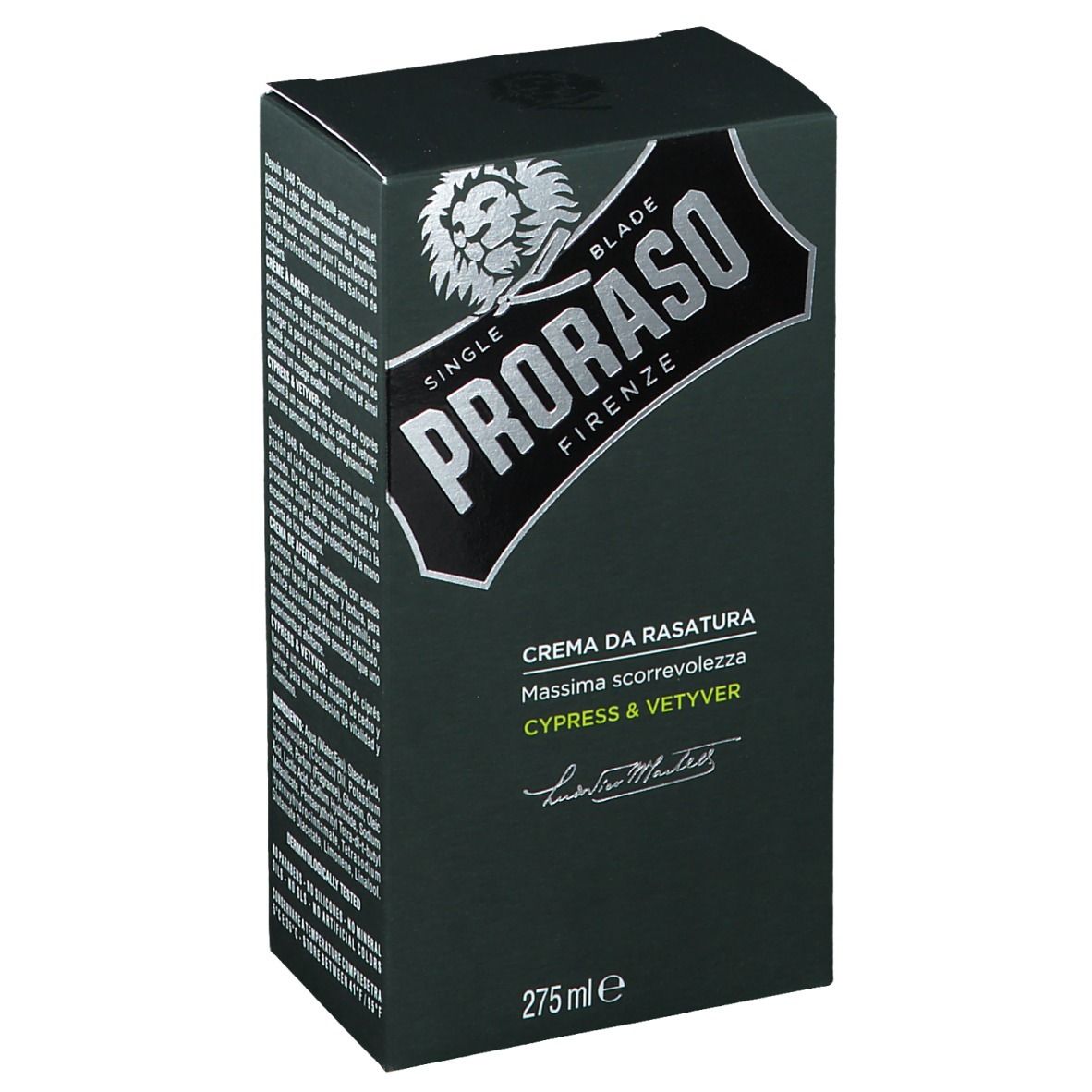 Boîte vert foncé. Inscription PRORASO, crème à raser, Cyprès & Vetyver. Logo argenté avec tête de lion. 275 ml.
