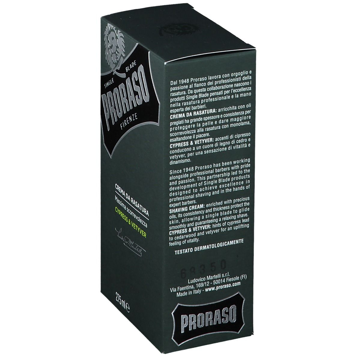Boîte vert foncé. Texte multilingue. Inscription PRORASO, crème à raser, Cyprès & Vetyver. 275 ml. Testé dermatologiquement.