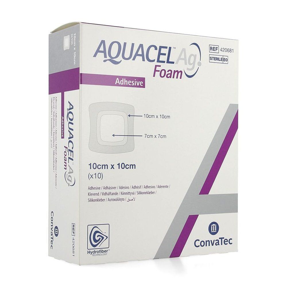 Boîte de pansements Aquacel Ag Foam 10cm x 10cm. Comprenant 10 pièces. Un pansement carré en mousse est visible.