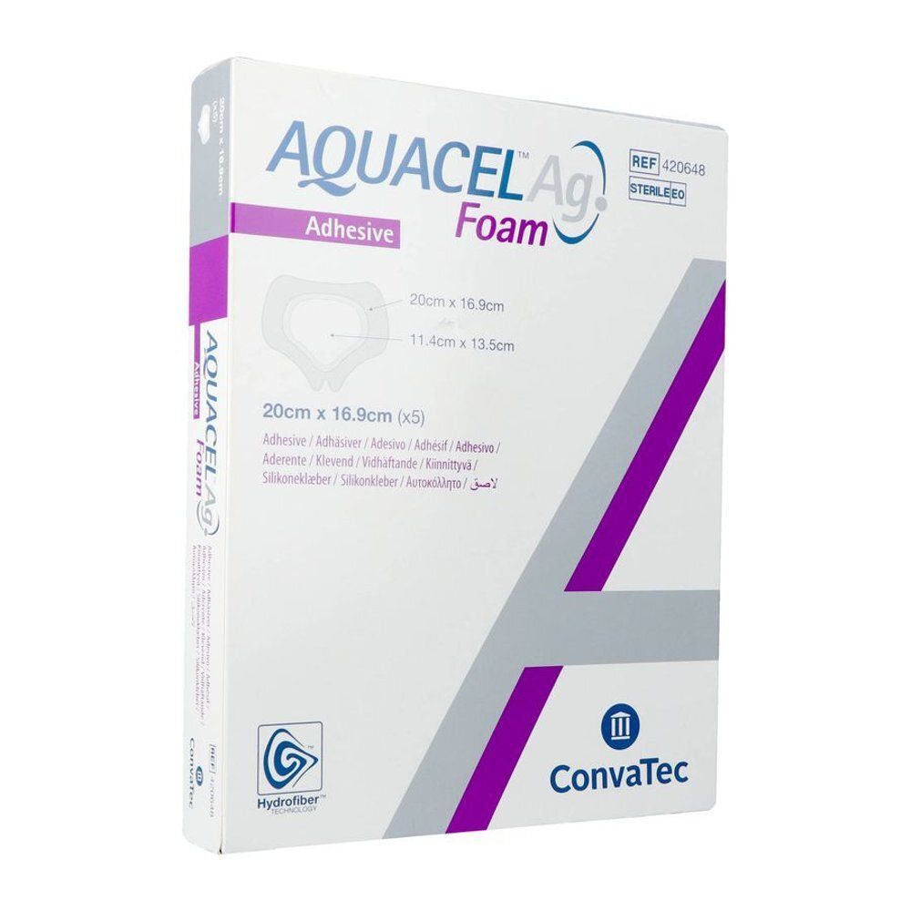 Boîte Aquacel Ag Foam. Marque Convatec. Contient 5 pansements. Dimensions: 20x16.9cm.