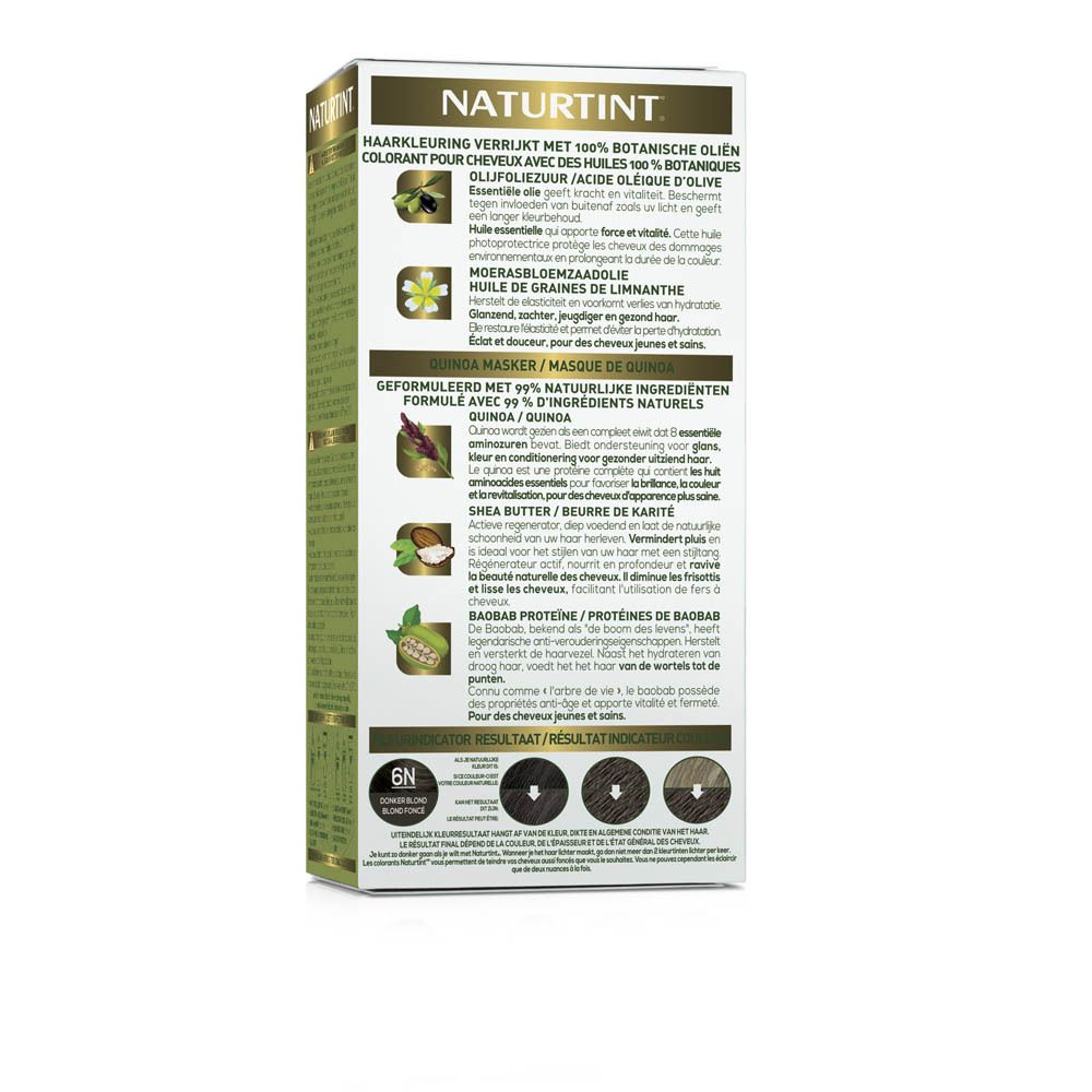 Boîte de coloration NATURTINT®. Arrière avec informations, ingrédients et image du produit. Vert et blanc.