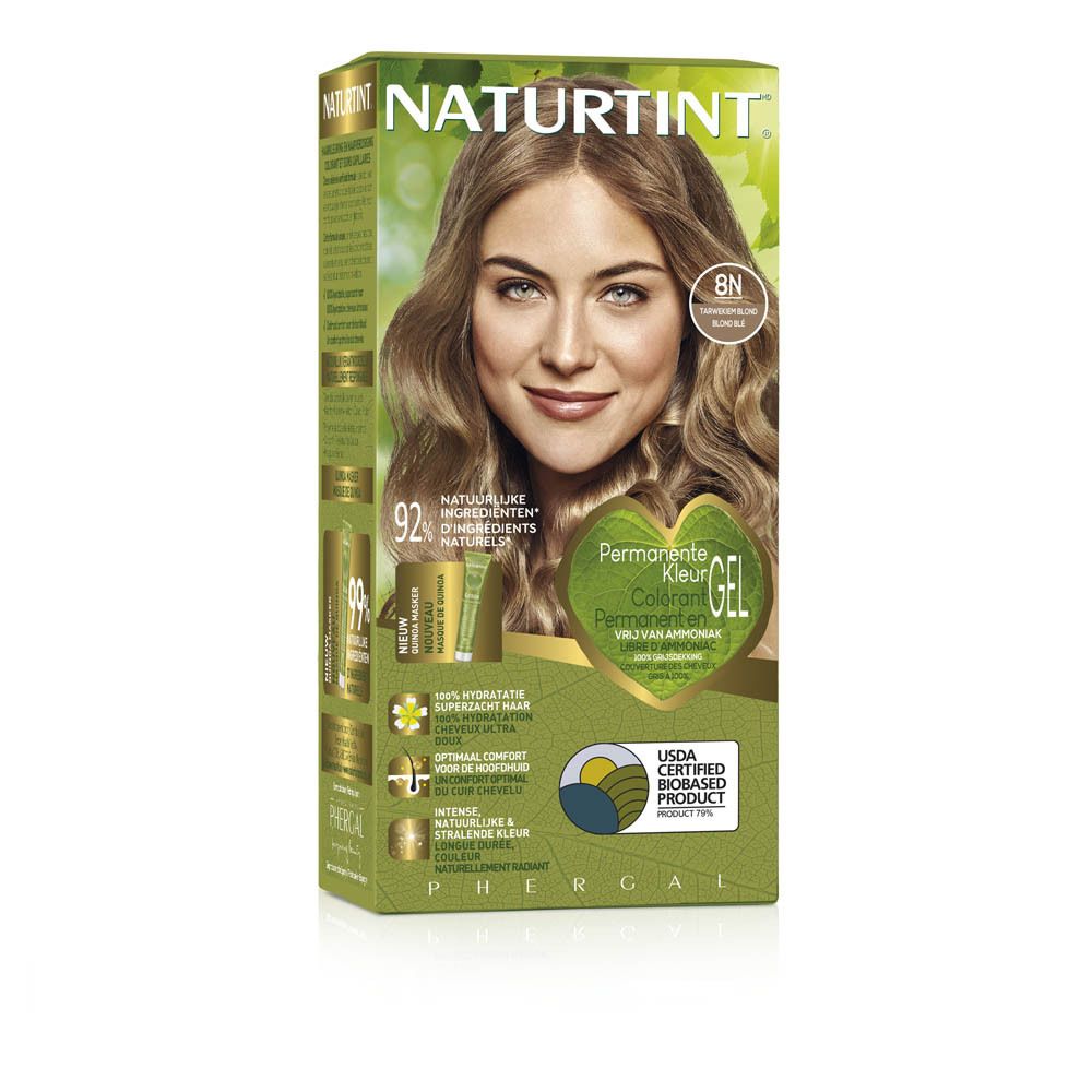 Boîte de coloration capillaire NATURTINT 8N Blond. Femme blonde sur l'emballage. Formule gel.