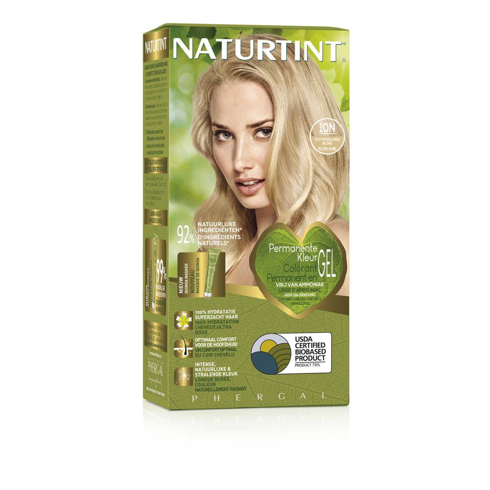 Boîte de coloration NATURTINT®. Contient 92% d'ingrédients d'origine naturelle. Texte : Couleur permanente Gel.