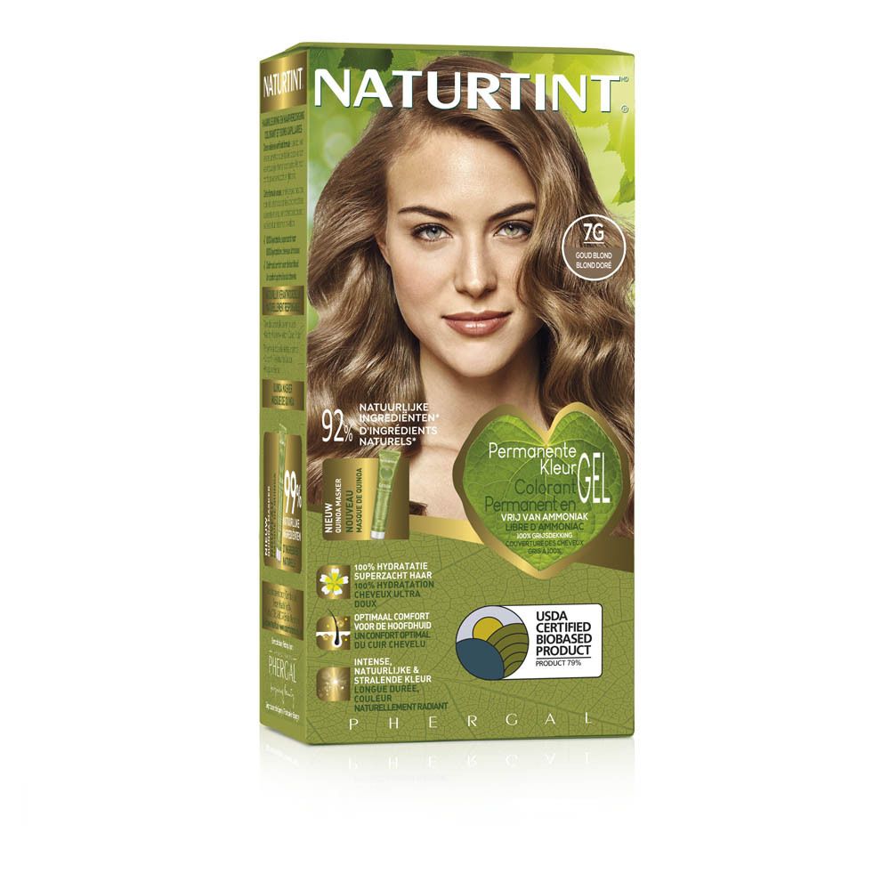 Boîte de coloration capillaire NATURTINT® 7G Blond doré. Femme blonde. Face avant avec nom, logo et certification.