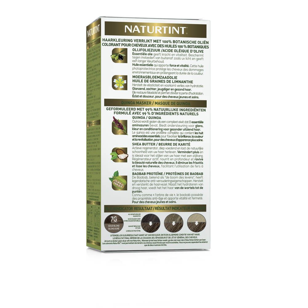 Dos de la boîte de coloration capillaire NATURTINT®. Informations produit, ingrédients, résultats couleur, certification USDA.