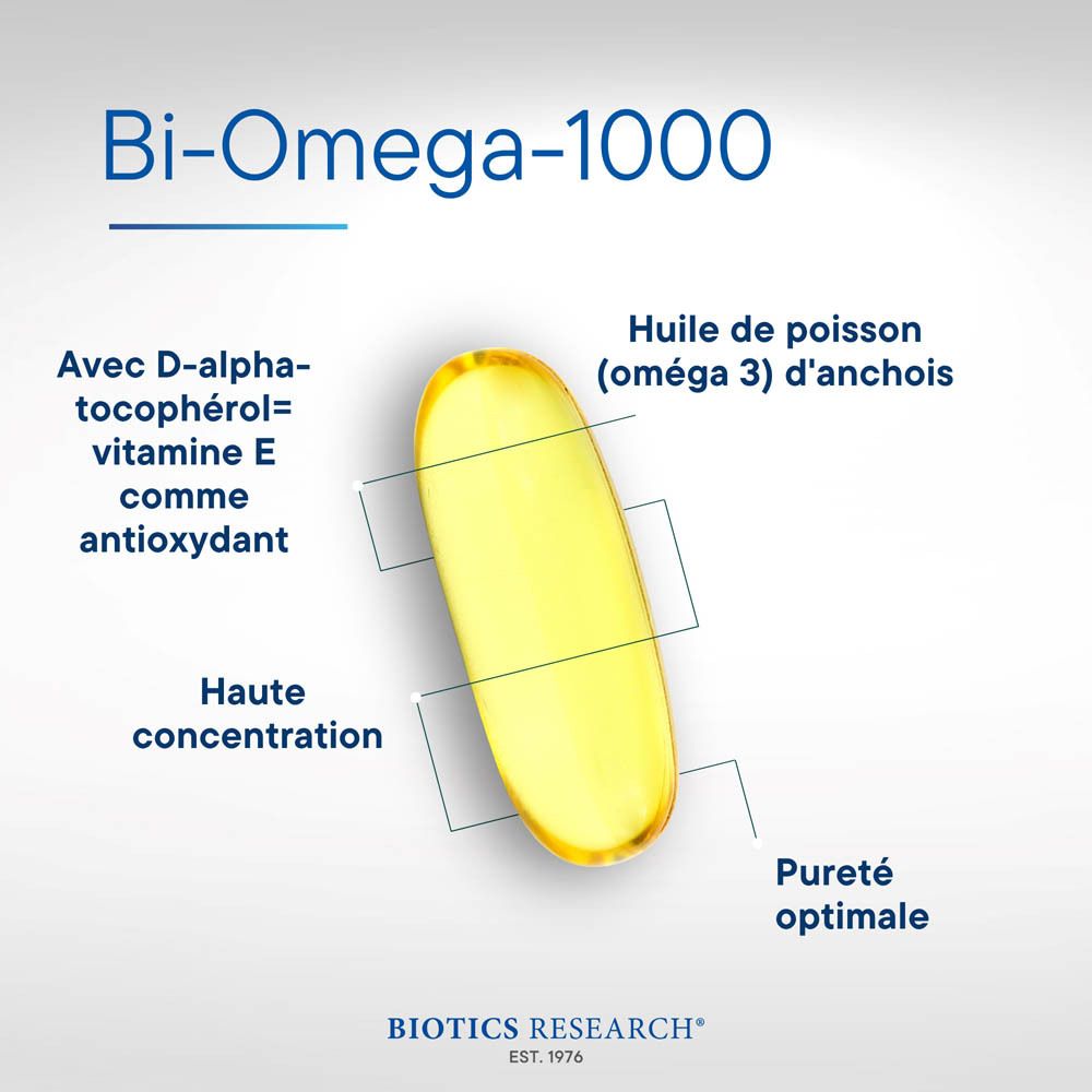 Biotics Research Bi-Omega-1000, boîte de 90 gélules, avec trois gélules visibles.