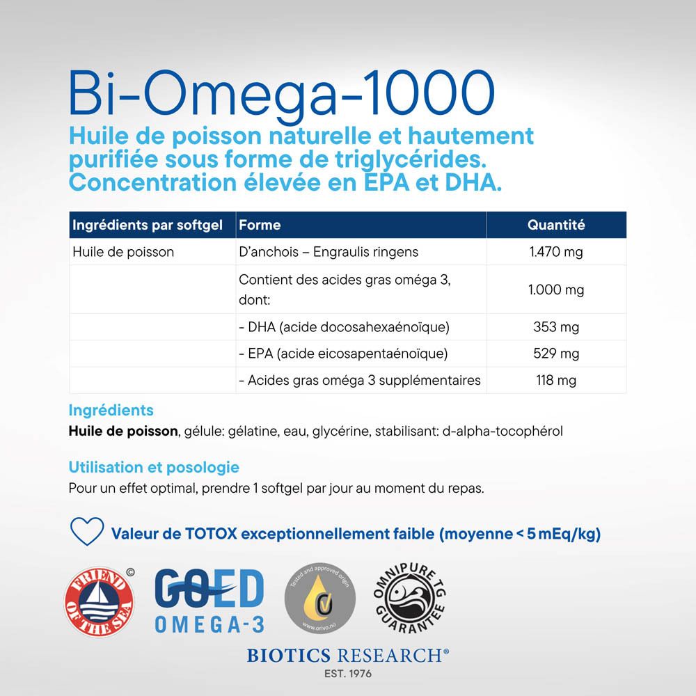 Biotics Research Bi-Omega-1000, boîte de 90 gélules, avec trois gélules visibles.