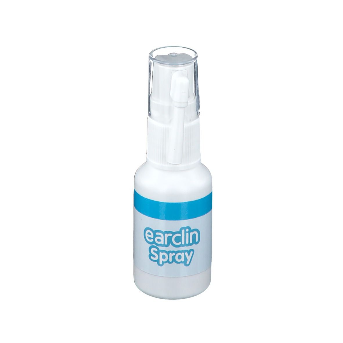 Flacon spray blanc avec bande bleue et inscription "earclin Spray". Bouchon transparent. Tête de pulvérisation.