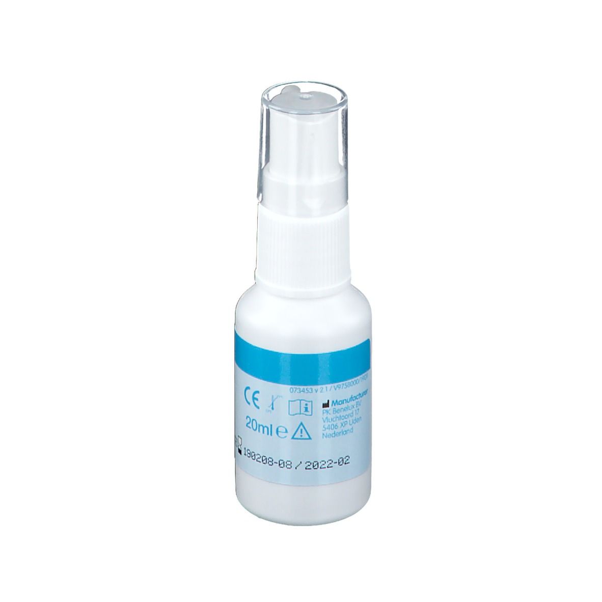 Flacon spray blanc avec marquage bleu. Dos avec texte et marquage CE. Bouchon transparent.