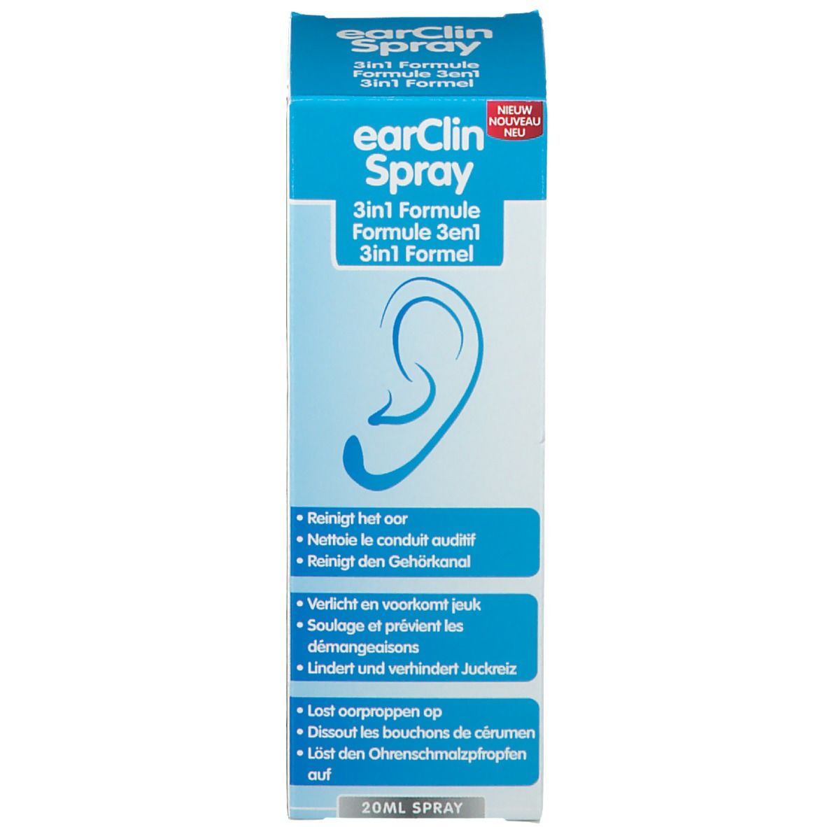 Emballage du produit avec texte, illustration d'oreille et label "NOUVEAU". Bleu et blanc. 20ml Spray.