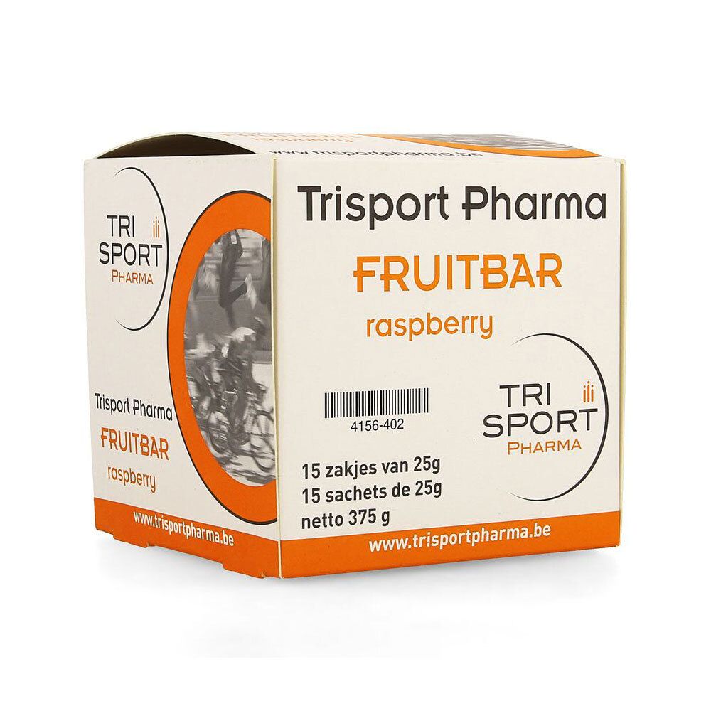 Boîte de Trisport Pharma Fruitbar Framboise. Nom du produit, logo et numéro de lot clairement visibles.