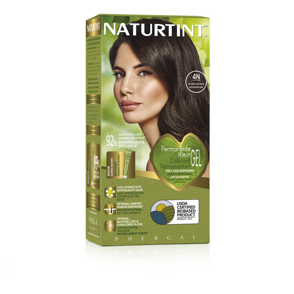 Boîte de coloration avec visage de femme. Inscription Naturtint, 4N Châtain Naturel. 92% ingrédients naturels. Certification USDA.