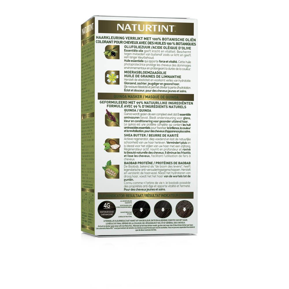 Dos de la boîte NATURTINT®. Texte: Coloration et soins capillaires. 99% ingrédients naturels.