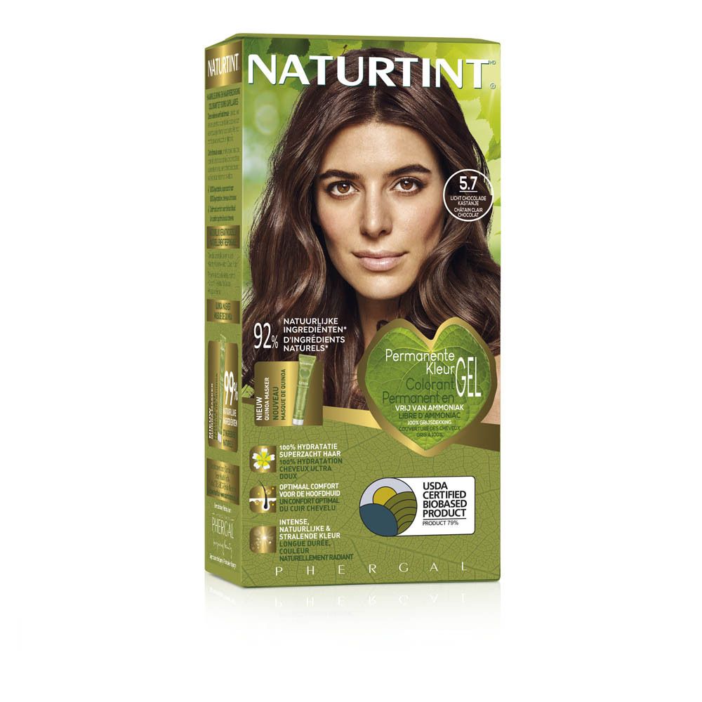Coloration NATURTINT 5.7. Femme aux cheveux bruns. Emballage avec informations produit et certification.