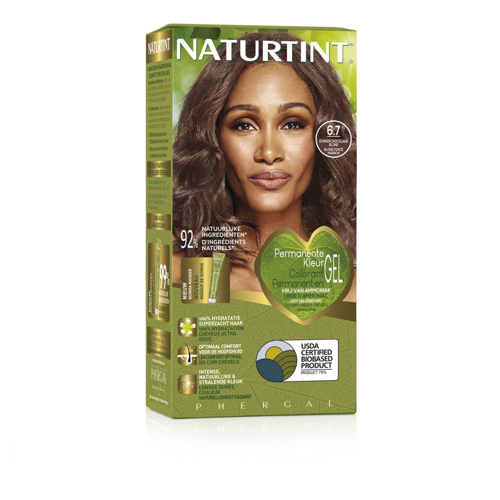 Boîte de NATURTINT® 6.7 Chocolat Clair. Face avant avec femme, nom du produit et nuance.