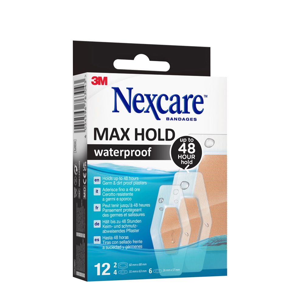 Boîte de pansements Nexcare Max Hold waterproof. Contient 12 pansements. Logo 3M.