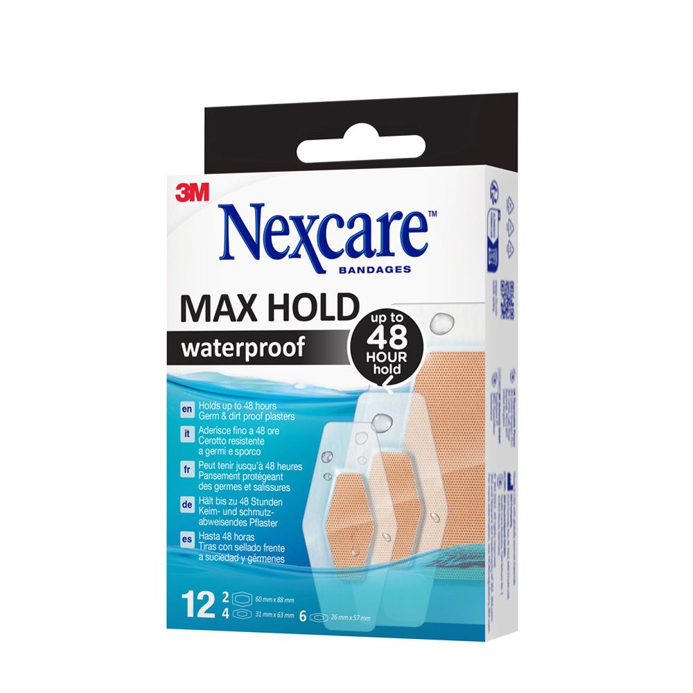 Boîte de pansements Nexcare Max Hold waterproof. Contient 12 pansements. Logo 3M.