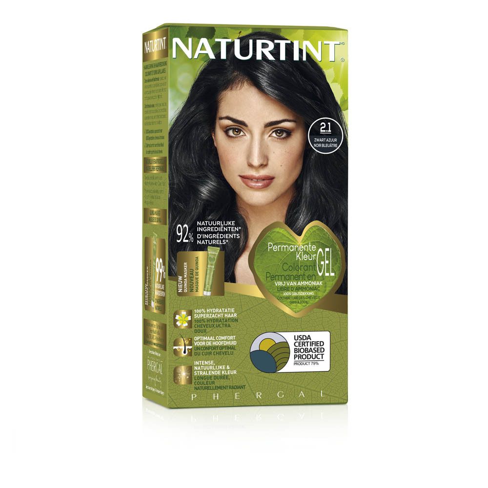 Boîte NATURTINT® Coloration permanente. Femme aux cheveux noirs. Texte: 92% ingrédients naturels. USDA Biobased.