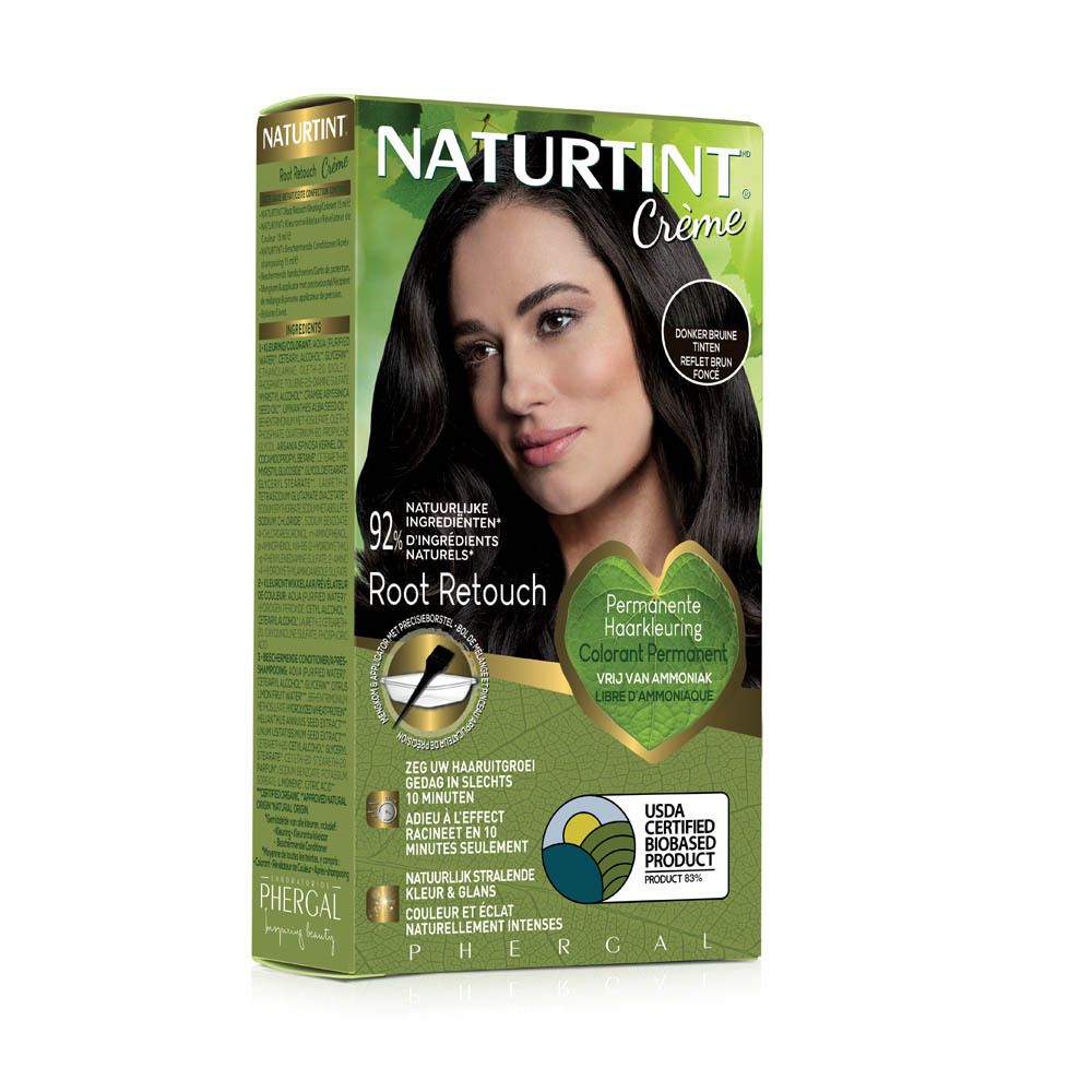 Boîte de crème colorante pour cheveux. NATURTINT® Root Retouch, brun foncé. Femme aux cheveux bruns. Coloration permanente.