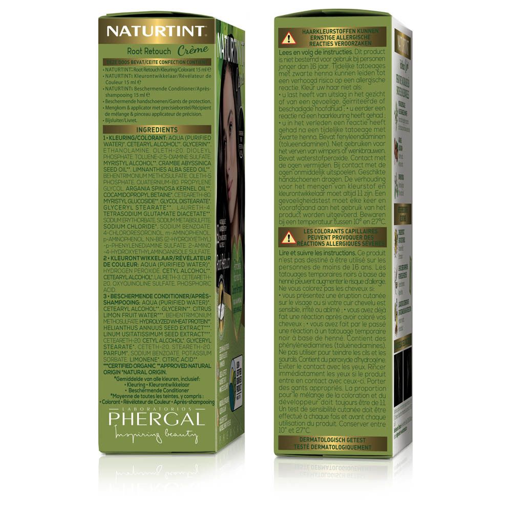 Boîte de crème colorante pour cheveux. NATURTINT® Root Retouch. Côté avec ingrédients et instructions. Coloration permanente.