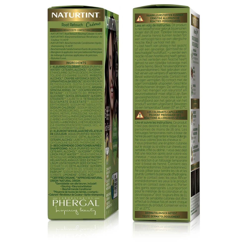 Vue latérale de la boîte NATURTINT® Root Retouch. Avertissements et mode d'emploi.