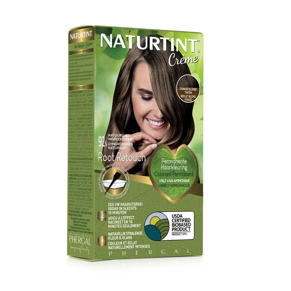 Vue de face de la boîte de crème colorante. Marque NATURTINT. Root Retouch, blond foncé. Femme blonde.