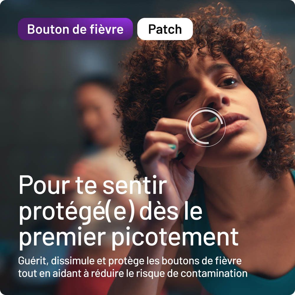 Femme appliquant un patch Compeed® sur la bouche. Texte: 'Pour te sentir protégé(e)'.