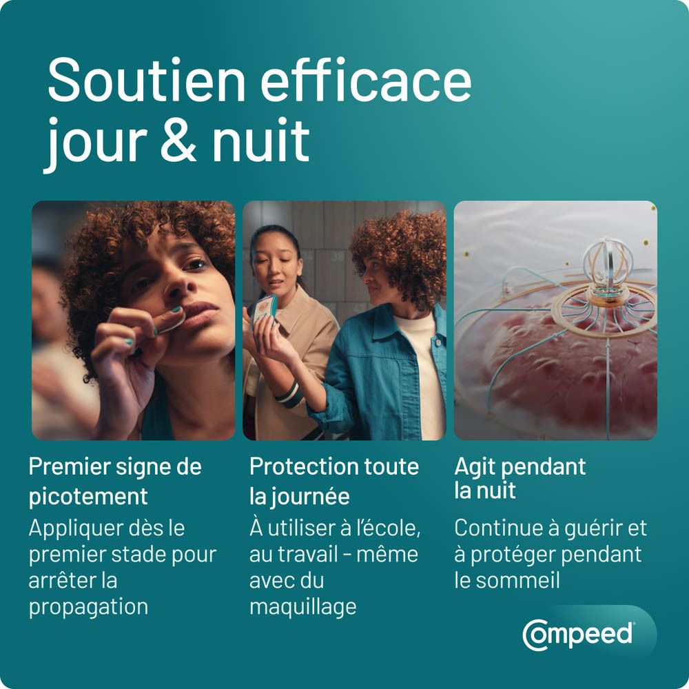 Aperçu des produits Compeed®. Produits pour ampoules, cors, boutons de fièvre et imperfections.