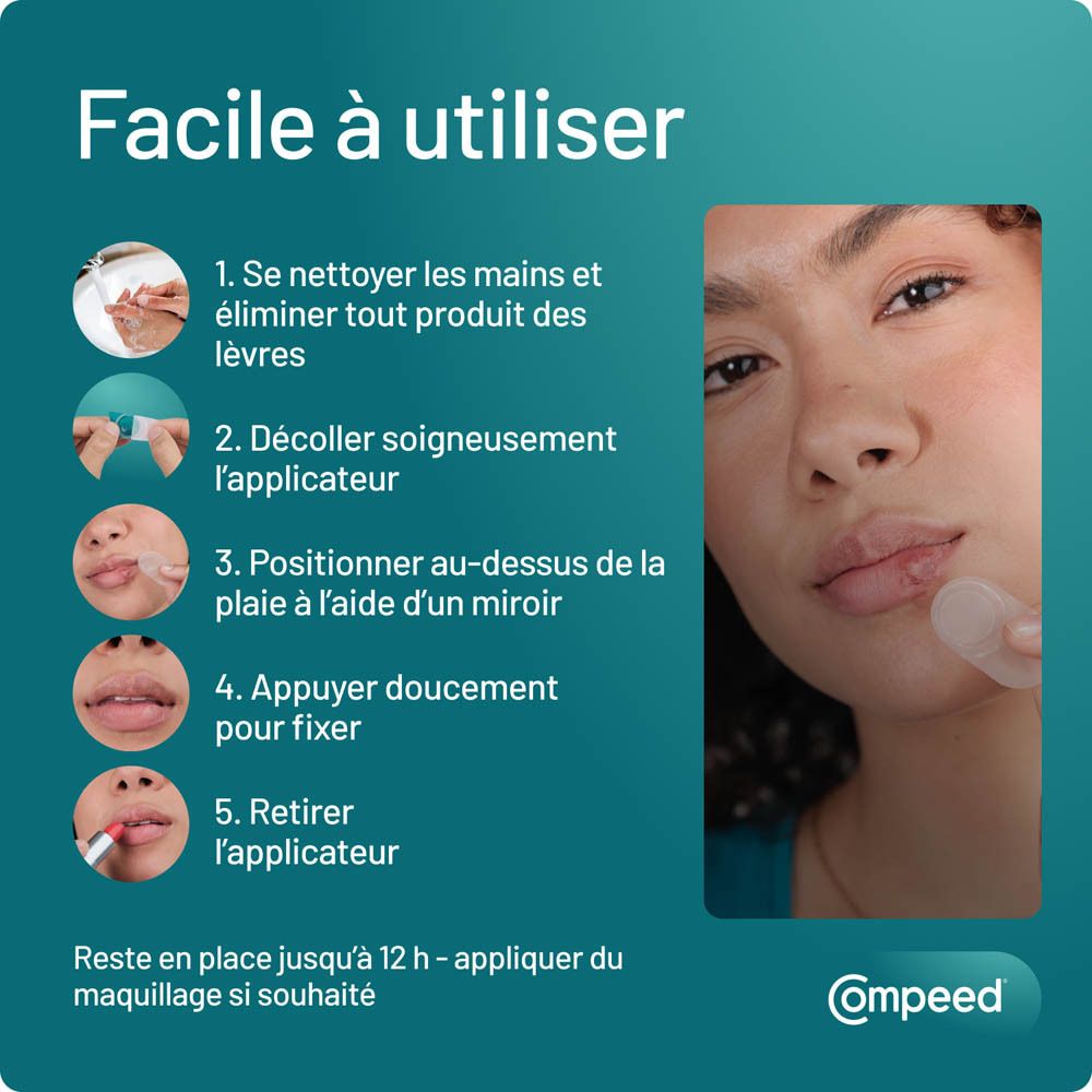 Instructions d'utilisation. Femme avec produit. 1. Se laver les mains. 2. Décoller.