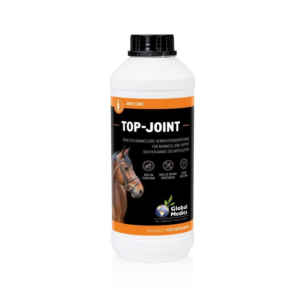 Bouteille Top-Joint, face avant avec image de tête de cheval et logo Global Medics.
