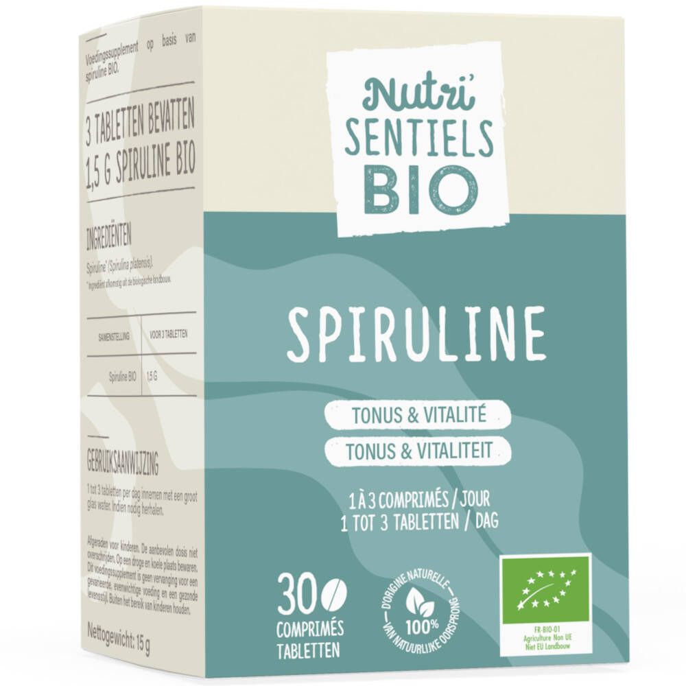 Boîte de comprimés de spiruline. Inscriptions : Nutri Sentiels BIO, Spiruline, 30 comprimés. Label bio.