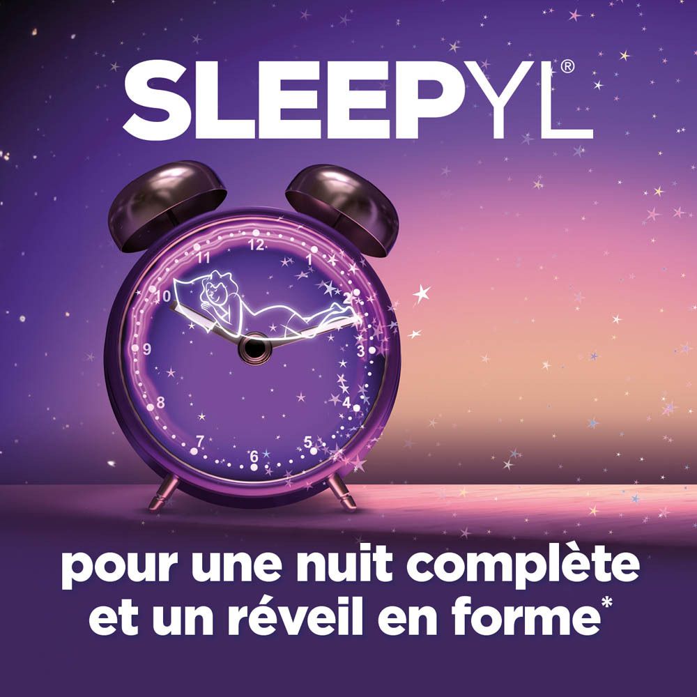 Boîte SLEEPYL, sommeil de qualité. Contient de la mélatonine. Couleurs violet et bleu.