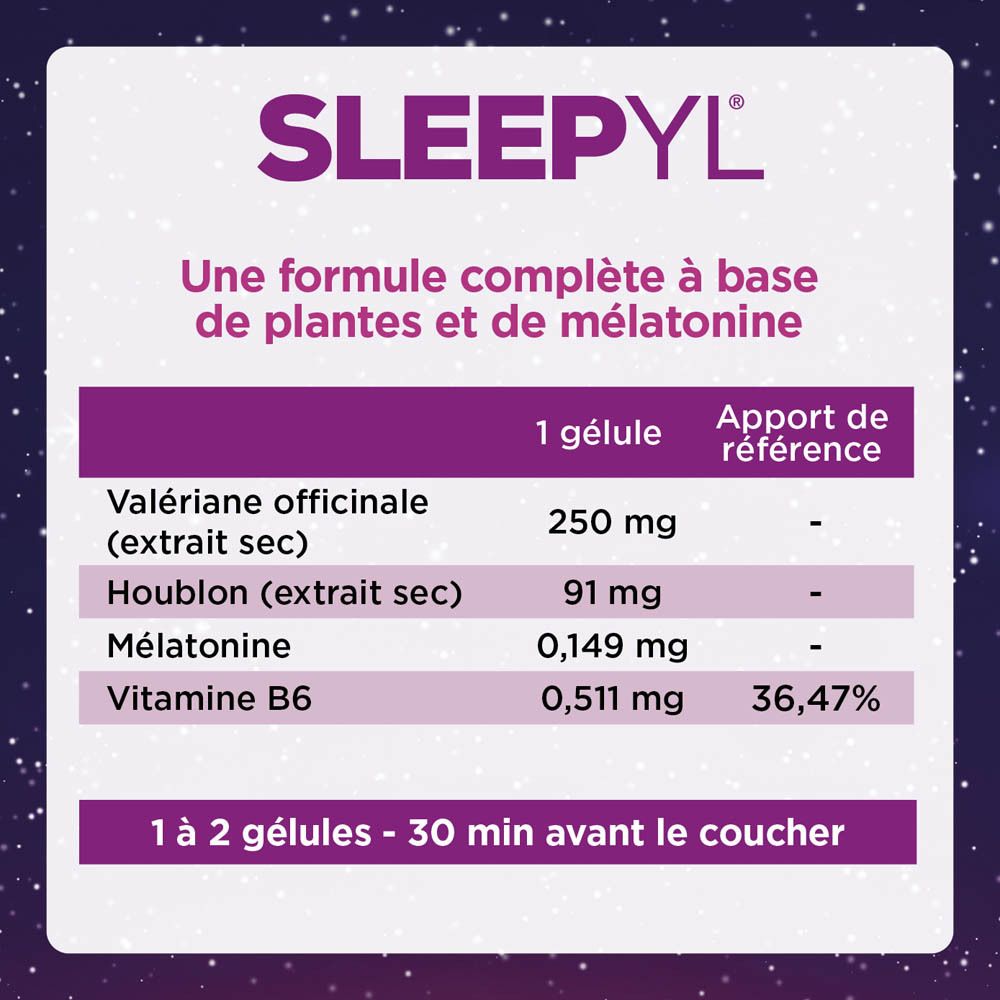 Boîte SLEEPYL, sommeil de qualité. Contient de la mélatonine. Couleurs violet et bleu.