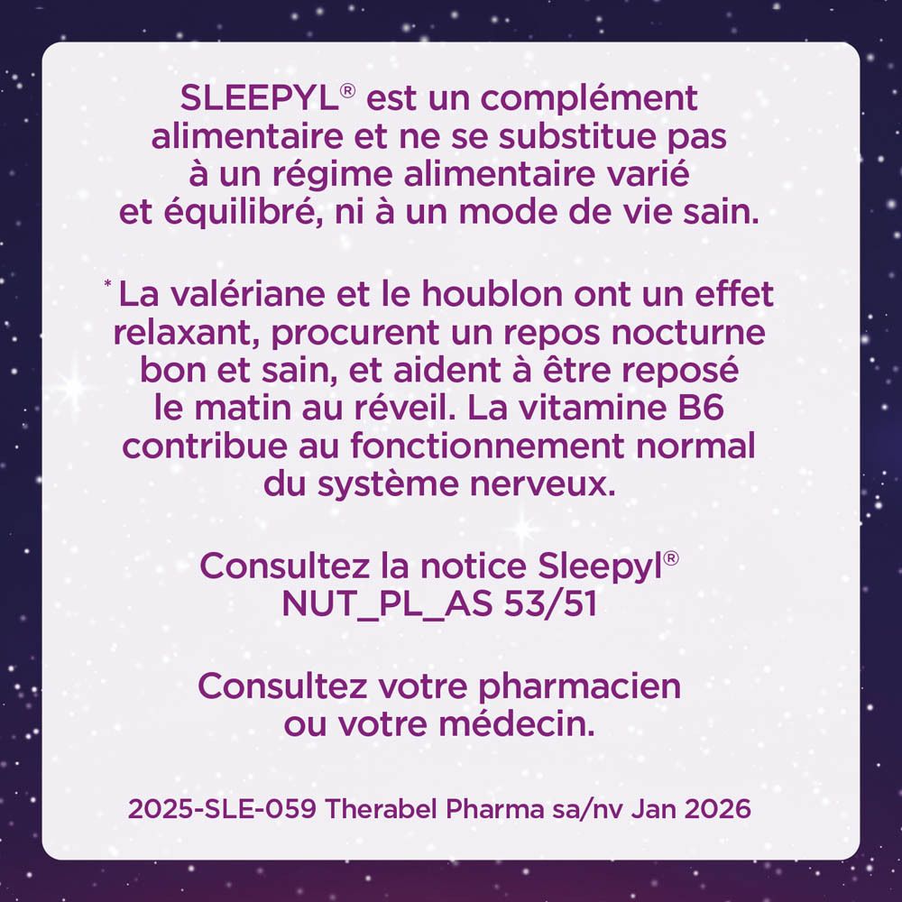 Boîte SLEEPYL, sommeil de qualité. Contient de la mélatonine. Couleurs violet et bleu.
